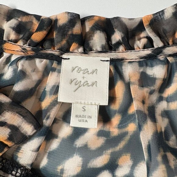 Roan + Ryan Animal Print Ruffle Neck Blouse | Sheer Flutter Sleeve Top | Size S - Picture 4 of 8